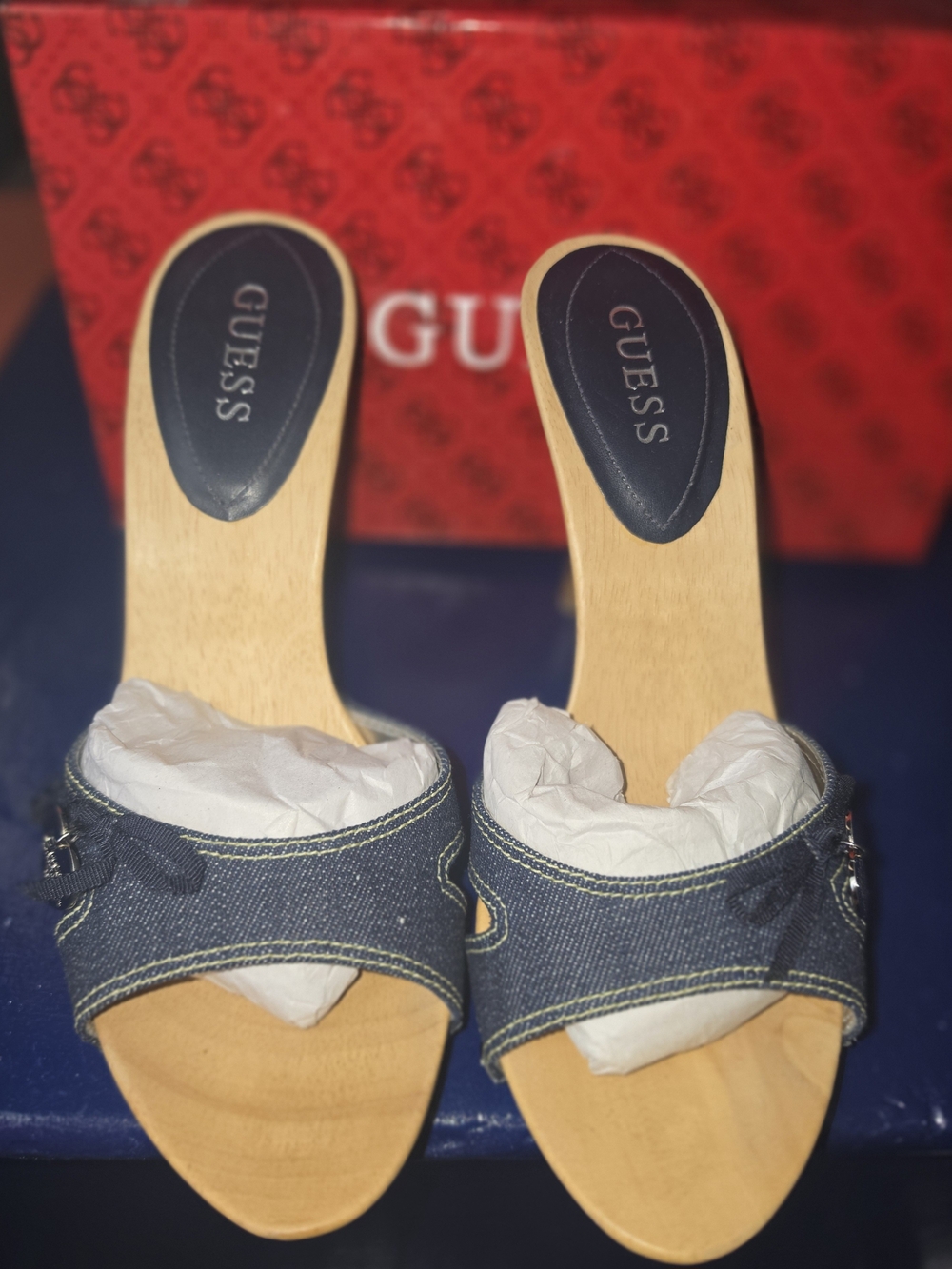 GUESS Vintage Denim Slide Mules in Dark Blue Fabric with Natural Wood Footbed